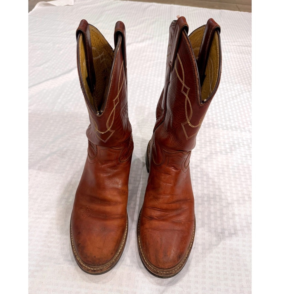 Justin Men 8.5 D Brown Leather Western Cowboy Roper Boots Pull On Outdoor Rustic
